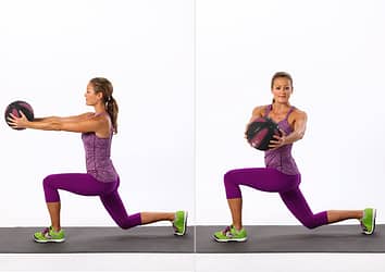 Lunge with rotation and added weight.